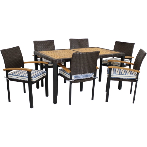 Sunnydaze Carlow Resin Wicker 7-Piece Patio Dining Set - Brown/Blue Stripe