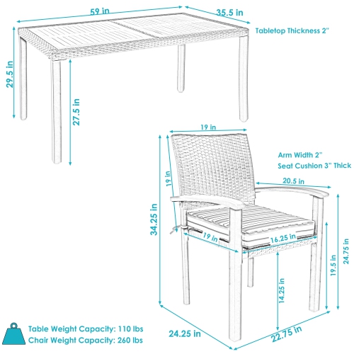 Sunnydaze Carlow Resin Wicker 7-Piece Patio Dining Set - Brown/Blue Stripe