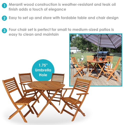Sunnydaze Meranti Wood 5-Piece Folding Patio Dining Table and Chairs Set