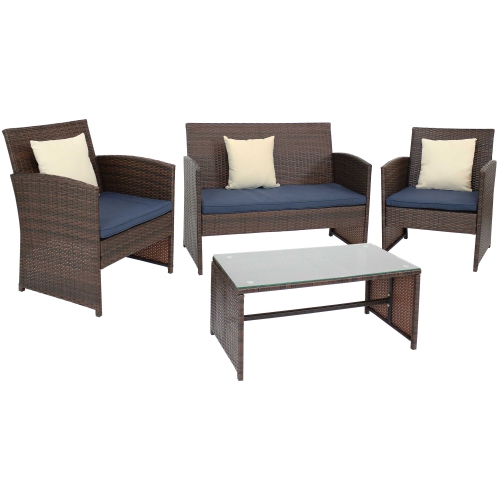 SUNNYDAZE DECOR  Sunnydaze Ardfield Rattan 4-Piece Patio Furniture Set - Brown And In Navy Blue