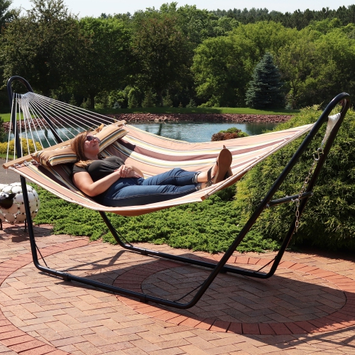 Sunnydaze 2-Person Quilted Hammock with Universal Steel Stand - Sandy Beach