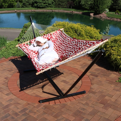 Sunnydaze 2-Person Rope Hammock with Steel Stand and Pad/Pillow - Royal Red