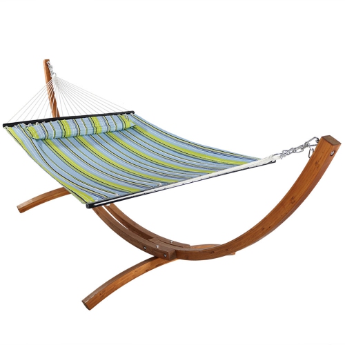 SUNNYDAZE DECOR  Sunnydaze 2-Person Quilted Hammock With Curved Wooden Stand - Blue/green 