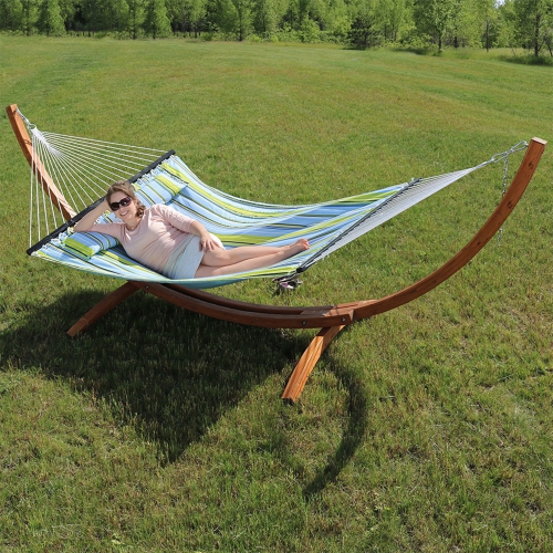 Sunnydaze 2-Person Quilted Hammock with Curved Wooden Stand - Blue/Green