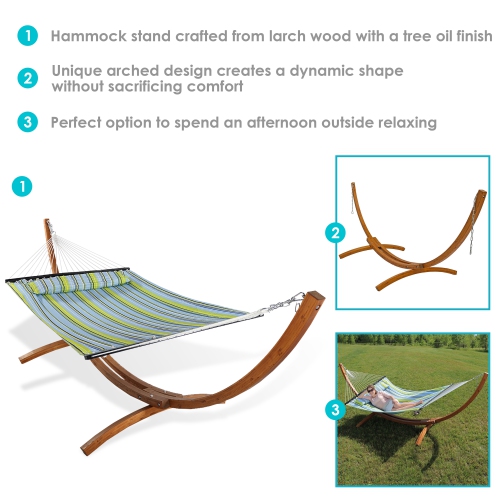 Sunnydaze 2-Person Quilted Hammock with Curved Wooden Stand - Blue/Green