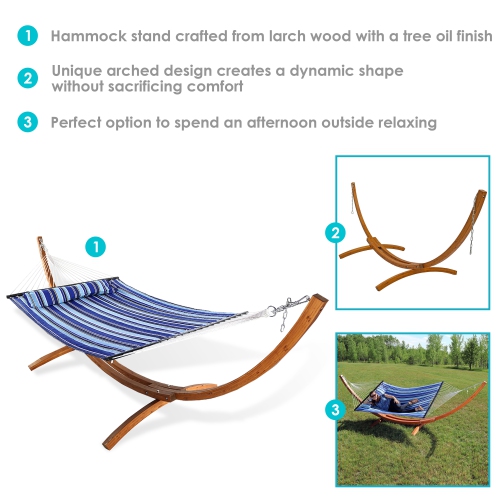 Sunnydaze Large Quilted Hammock with Curved Wooden Stand - Catalina Beach