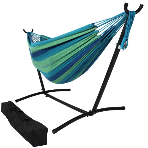 Sunnydaze Large Cotton Hammock with Steel Stand and Carrying Case - Oasis