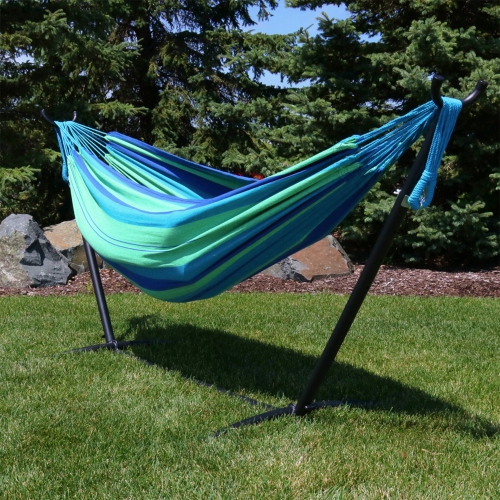 Sunnydaze Large Cotton Hammock with Steel Stand and Carrying Case - Oasis