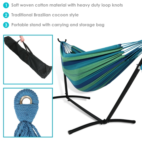 Sunnydaze Large Cotton Hammock with Steel Stand and Carrying Case - Oasis