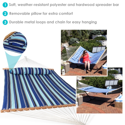 Sunnydaze Large Quilted Fabric Hammock with Spreader Bar and Pillow - Beach