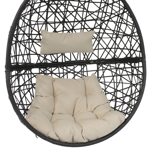 Sunnydaze Black Resin Wicker Hanging Egg Chair with Cushions - Beige