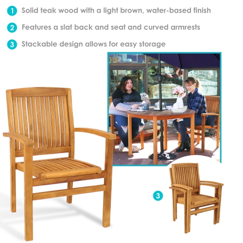 Sunnydaze 2 Solid Teak Wood Stackable Outdoor Dining Armchair - Light Brown