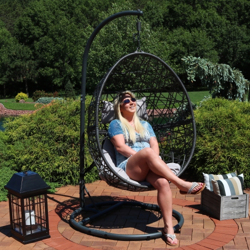 Sunnydaze Resin Wicker Hanging Egg Chair with Steel Stand/Cushions - Gray