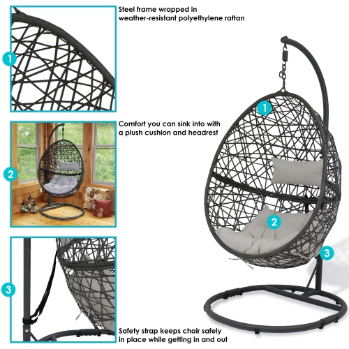 Sunnydaze Resin Wicker Hanging Egg Chair with Steel Stand/Cushions - Gray