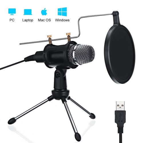 Microphone à condensateur USB amélioré avec support de bureau, filtre acoustique double couche pour ordinateur, ordinateur portable