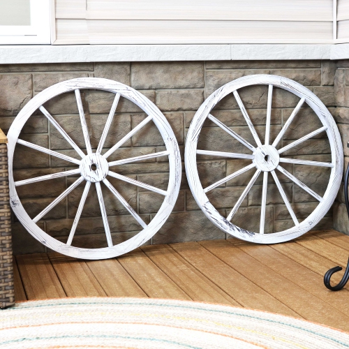 Sunnydaze Wagon Wheel Indoor/Outdoor Statue - 29 in - Set of 2 - White