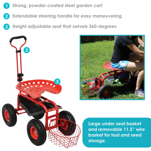 Sunnydaze Steel Rolling Garden Cart with Swivel Steering/Planter - Red