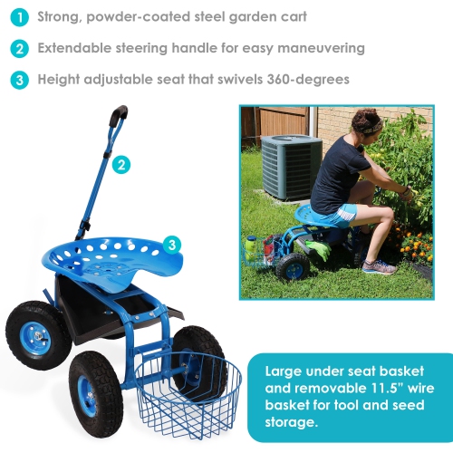 Sunnydaze Steel Rolling Garden Cart with Swivel Steering/Planter - Blue