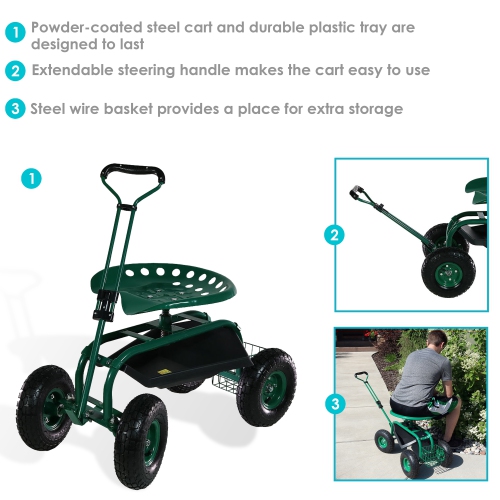 Sunnydaze Steel Rolling Garden Cart with Extended Swivel/Basket - Green