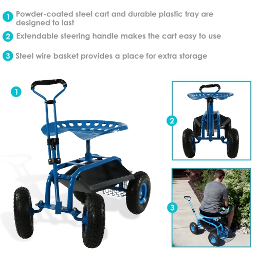 Sunnydaze Steel Rolling Garden Cart with Extended Swivel/Basket - Blue