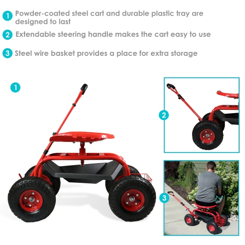 Sunnydaze Steel Rolling Garden Cart with Swivel Steering/Basket - Red