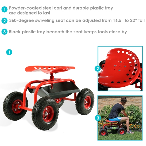 Sunnydaze Steel Rolling Garden Cart with Swivel Steering/Tray - Red