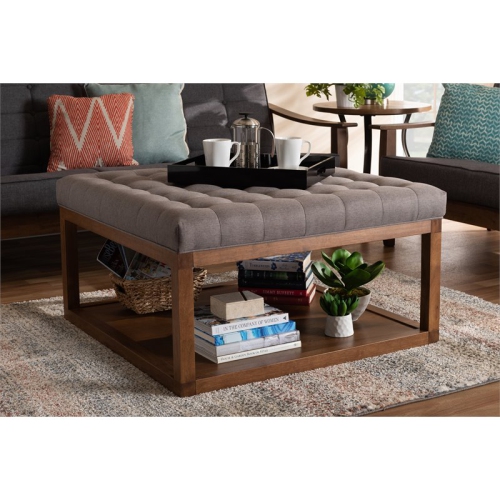 Baxton Studio Alvere Gray Fabric Upholstered Brown Finished Ottoman