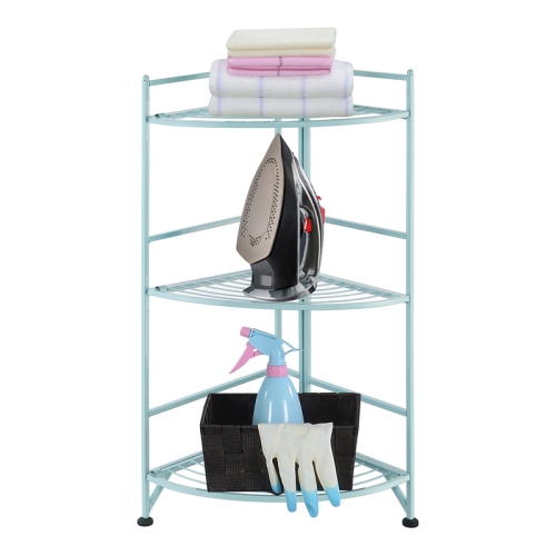 Xtra Storage Three-Tier Folding Metal Corner Shelf with Seafoam Blue Metal Frame