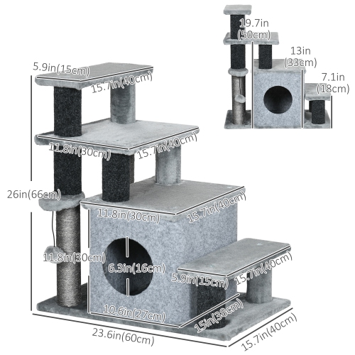 PawHut Adjustable Height Cat Stairs with Jute Scratching Posts, Cat House for Cozy Rest, Pet Steps for Couch Sofa and High Bed with Hanging Ball,