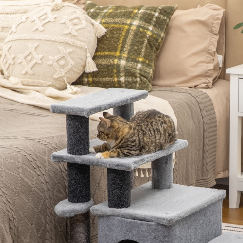 PawHut Adjustable Height Cat Stairs with Jute Scratching Posts, Cat House for Cozy Rest, Pet Steps for Couch Sofa and High Bed with Hanging Ball,