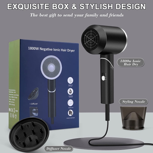 A|M Beauty Diffuser Hair Dryer Blow Dryer, 1800W Travel for Hotel, Powerful Portable Compact Blow Dryer, Fast Drying, No Heat Damage, Lightweight,