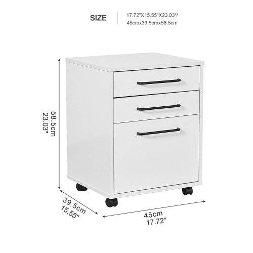 White 3 Drawers 23" Deep Wood Mobile Filing Cabinets , Office Storage File Cabinet Storage Cart with 4 Casters for Letter Sized Documents