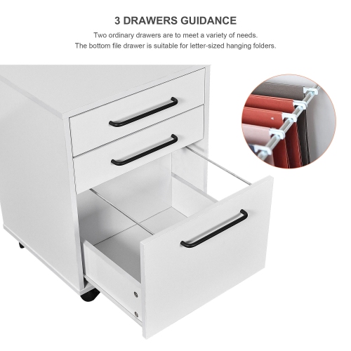 White 3 Drawers 23" Deep Wood Mobile Filing Cabinets , Office Storage File Cabinet Storage Cart with 4 Casters for Letter Sized Documents