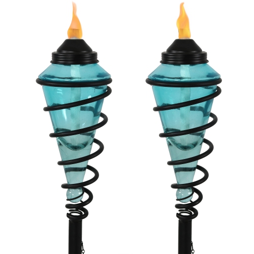 Sunnydaze Swirled Metal/Glass 2-in-1 Outdoor Lawn Torch - Blue - Set of 2