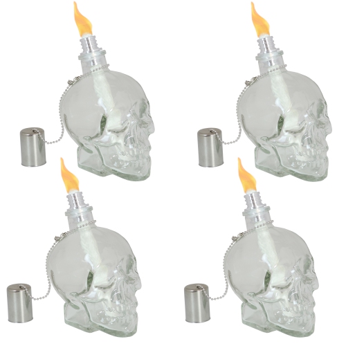 SUNNYDAZE DECOR  Sunnydaze Glass/aluminum Grinning Skull Tabletop Torches - Clear - Set Of 4