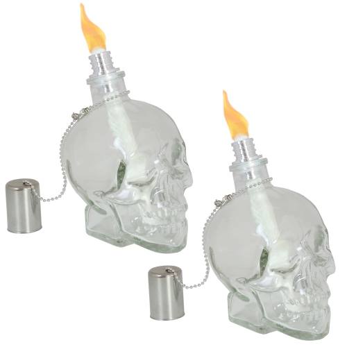SUNNYDAZE DECOR  Sunnydaze Glass/aluminum Grinning Skull Tabletop Torches - Clear - Set Of 2