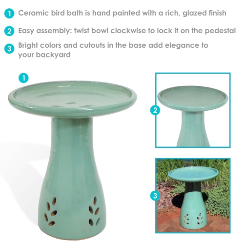 Sunnydaze Classic Outdoor Cut-Out Ceramic Bird Bath - 20.5 in - Seafoam
