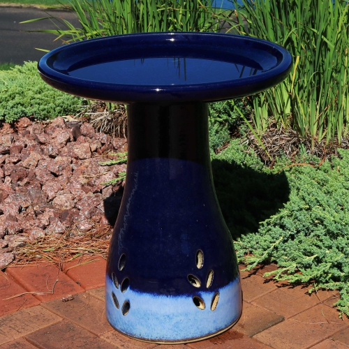 Sunnydaze Classic Duo-Tone Cut-Out Ceramic Bird Bath - 20.5 in - Dark Blue