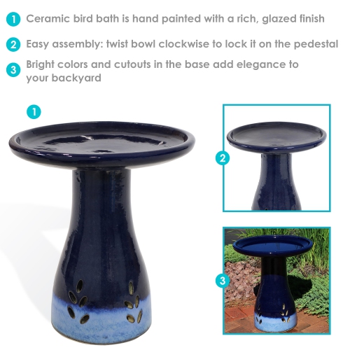 Sunnydaze Classic Duo-Tone Cut-Out Ceramic Bird Bath - 20.5 in - Dark Blue