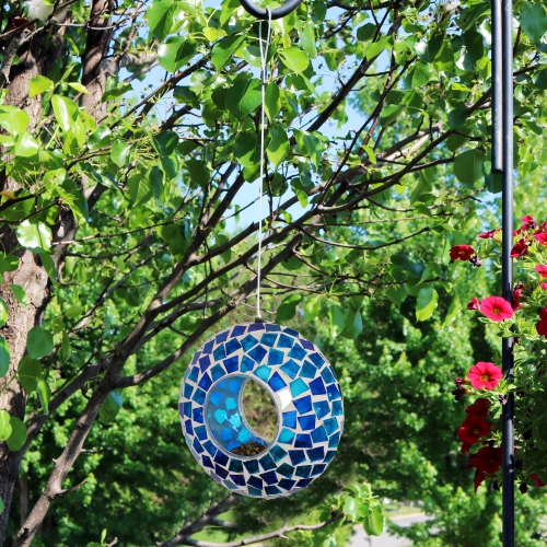 Sunnydaze Glass Blue Mosaic Fly-Through Hanging Bird Feeder - 6 in