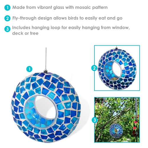 Sunnydaze Glass Blue Mosaic Fly-Through Hanging Bird Feeder - 6 in