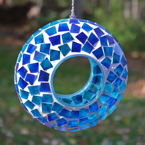 Sunnydaze Glass Blue Mosaic Fly-Through Hanging Bird Feeder - 6 in