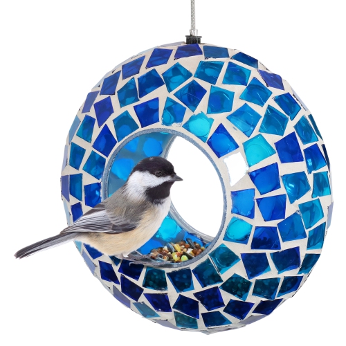 Sunnydaze Glass Blue Mosaic Fly-Through Hanging Bird Feeder - 6 in