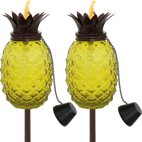 Sunnydaze Glass Tropical Pineapple 2-in-1 Outdoor Torch - Yellow - Set of 2