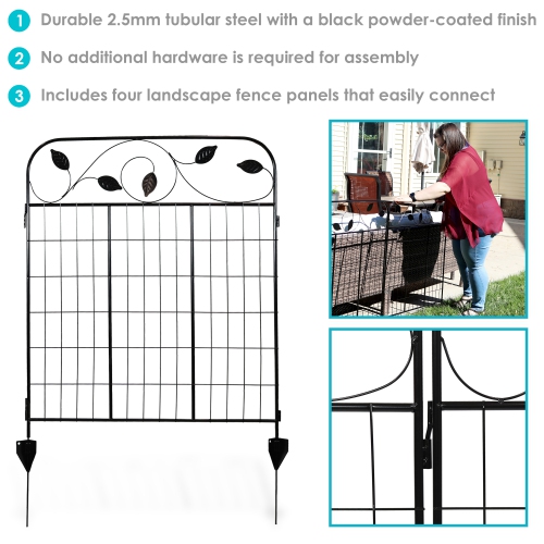 Sunnydaze 4-Piece Romantic Vine Steel Garden Border Fencing - 10 ft - Black