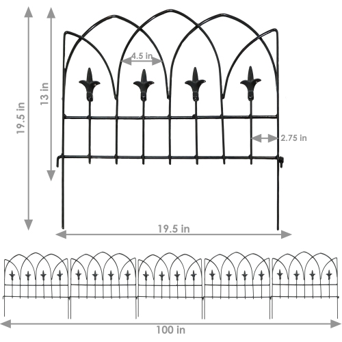 Sunnydaze 5-Piece Bayonne Steel Finial Garden Border Fencing - 8 ft - Black
