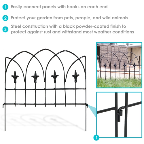 Sunnydaze 5-Piece Bayonne Steel Finial Garden Border Fencing - 8 ft - Black