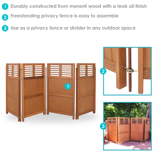Sunnydaze Meranti Wood/Teak Oil Finish Folding Privacy Screen - 44 in