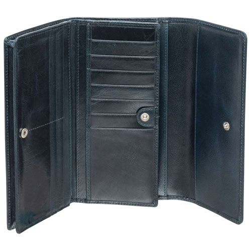 Portefeuille RFID à quatre volets en cuir véritable South Beach de Mancini - Bleu