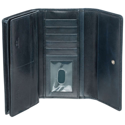 Portefeuille RFID à quatre volets en cuir véritable South Beach de Mancini - Bleu